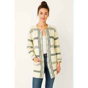 Anthropologie Solitaire Cream Striped Fuzzy Long Cardigan Sweater Size M Chunky